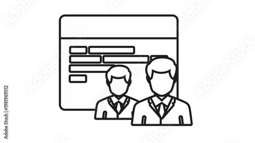 Professional business team vector icon with two men in suits standing before a web browser interface, symbolizing online recruitment, human resources, management, and digital networking.