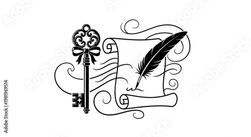 Vintage Key and Feather Illustration.