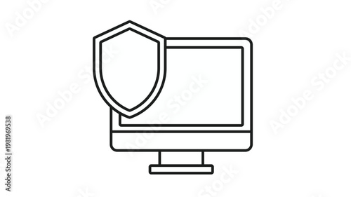 Computer security vector icon illustration featuring a black line art monitor with a protective shield symbol, representing data protection, antivirus software, firewall, and cyber security.