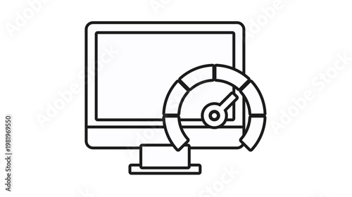 Computer performance and speed optimization vector icon illustration. Black line art symbol of a desktop monitor with a speedometer gauge for system monitoring, internet speed, and efficiency.