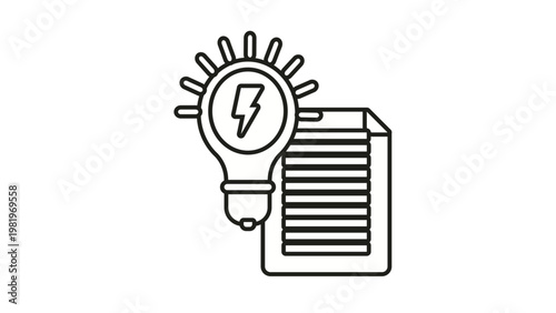Black line art vector icon illustration of an electricity bill document with a light bulb and lightning bolt symbol, representing energy consumption, utility costs, and power usage reports.