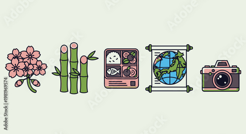 Illustrated icons depicting nature food travel and photography concepts