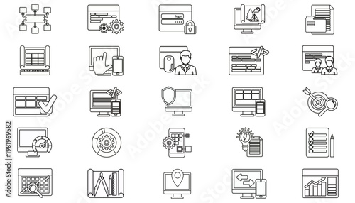 25 Black Vector Icon Set Bundle for Business, Web Development, Technology, Architecture, and Data Analytics. Symbols for Computer, Security, Marketing, Planning, Programming, and Management.