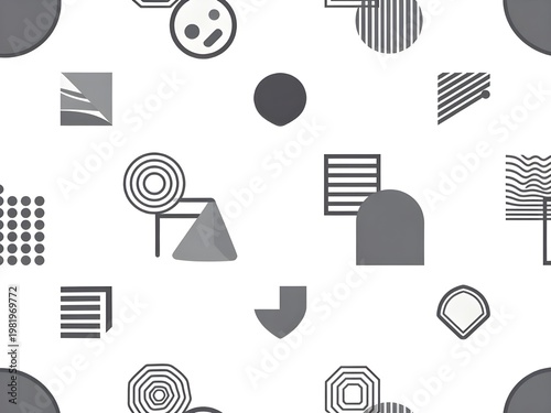 A seamless pattern featuring a collection of diverse geometric forms and linear elements in a sophisticated grayscale palette, perfect for modern design backgrounds