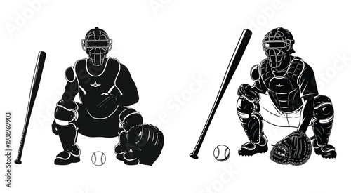 Black and white vector illustration of a baseball catcher crouching with gear and bat for sports design projects