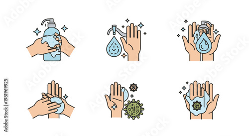 Illustrated sequence of hand washing steps with soap and water against white backdrop