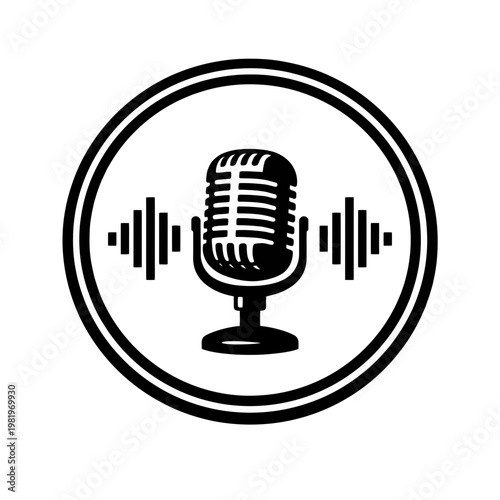 A retro vintage microphone icon in vector style on a clean white background representing music, audio, broadcasting, and classic studio communication equipment