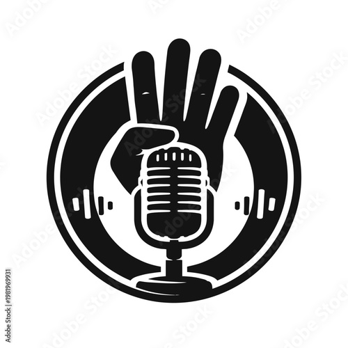 Simple vector icon of a hand holding a microphone symbolizing voice audio music and communication technology
