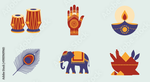 Indian culture icons hand elephant peacock feather drums and oil lamp