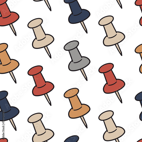 Seamless pattern of red and white hearts with colorful pushpins on a stationery board background