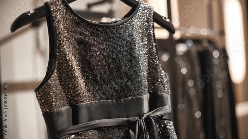 Sequin dress hanging on a rack in a clothing store, with a satin ribbon tie