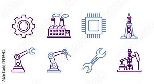 Industrial icons representing engineering machinery and technology in vector design
