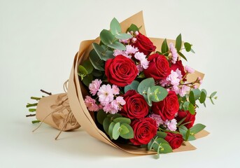 Beautiful bouquet of red roses and pink flowers is wrapped in brown craft paper.