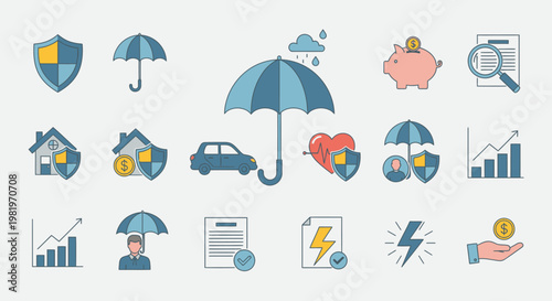 Insurance and protection icons shield umbrella house car heart and saving