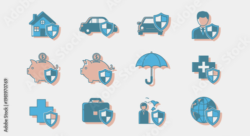 Insurance icons representing home car health and finance protection concept