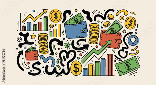 A colorful illustration of business and finance icons and symbols floating together