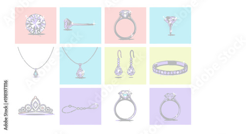 Jewelry collection diamond rings necklaces bracelets and earrings illustrations