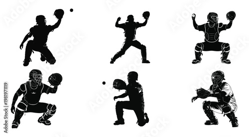 Set of six baseball catcher silhouettes showing various crouching and defensive positions in a detailed vector style
