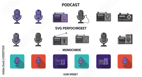 Podcast Microphone and Radio Icons Set - Retro and Modern Styles