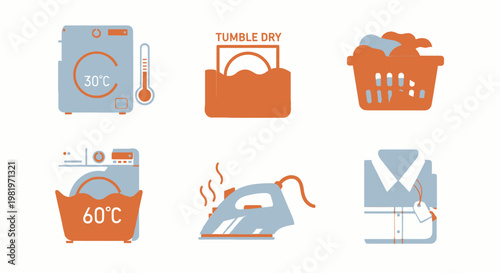 Laundry icons washing machine tumble dry ironing and clothing care