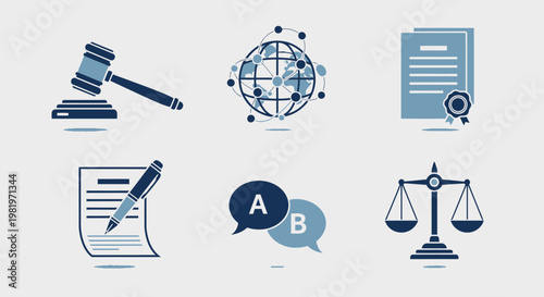 Legal global and business concept icons in shades of blue against a white backdrop