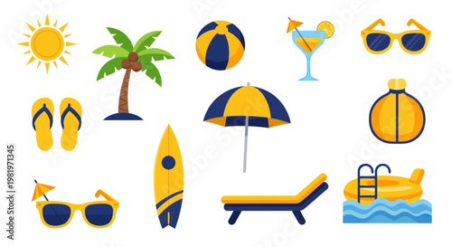 Summer Vacation Icons: Sun, Palm Tree, Beach Ball, Cocktail, Sunglasses, Surfboard
