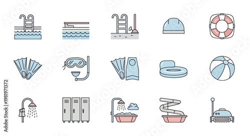 Swimming Pool Icons Set - Water Sports, Recreation, and Safety Equipment