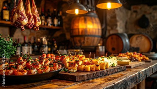 Spanish tapas assortment on Barcelona bar counter