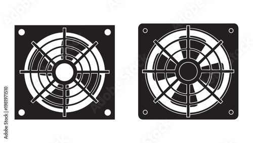 Two square computer cooling fans with distinct blade designs