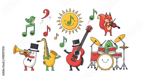 Cute Cartoon Music Band Playing Instruments, Sunny Day, White Background