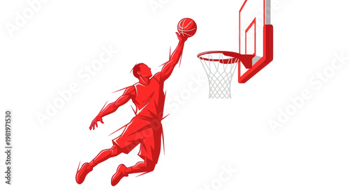 Dynamic Red Silhouette of Basketball Player Dunking Against White Background