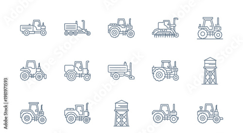 Line art collection of farm tractors and agricultural machinery