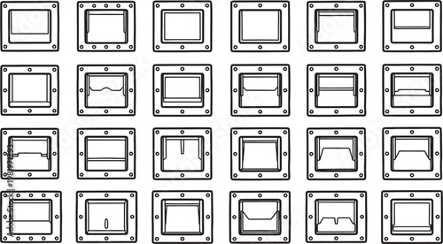 An architectural array of recessed square metal handles, showcasing industrial design variations. 