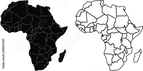 African Continent Silhouette, A striking illustration showcasing the silhouette of the African continent, depicting its varied countries and geographical contours in stark detail.