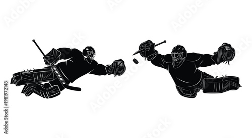 Black and white silhouette illustration of two hockey goalies diving to block a puck in a dynamic action pose