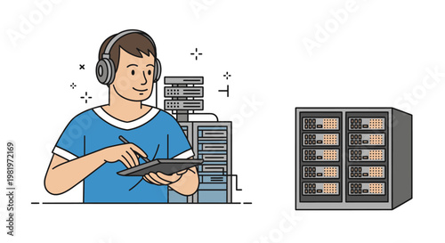 Man with headphones using tablet near server racks isolated on white background