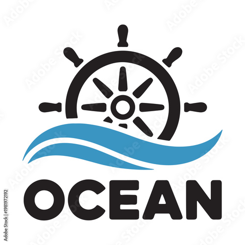 Black and white ship wheel logo above ocean waves with text ocean
