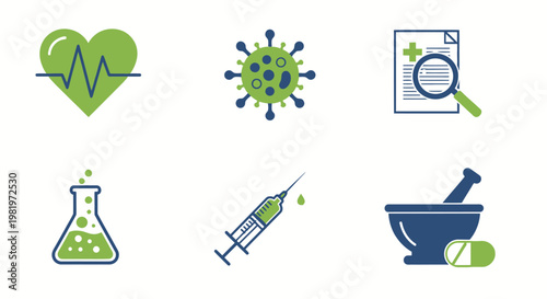 Medical healthcare icons set depicting health virus research and vaccine elements