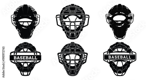 Set of black and white baseball catcher mask icons with vintage badge designs in a professional vector illustration style