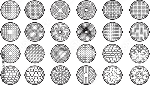 Intricate patterns grace a collection of circular architectural elements, offering a study in design and construction. The monochrome rendering highlights their geometric complexity.