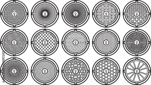 Collection of various manhole covers, each one showcasing a unique and detailed pattern. this image invites exploration of urban design and infrastructure details.