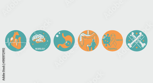 Medical icons human organs and health conditions depicted in circular designs