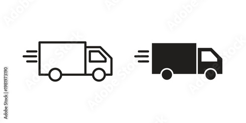 Fast shipping delivery truck icon editable vector pack. Black flat and line symbols
