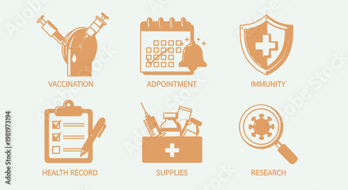 Medical icons representing vaccination appointments health records and research