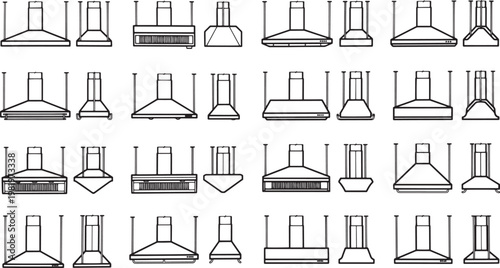 A collection of meticulously detailed line drawings showcase various stylish range hoods, ideal for architects and designers.