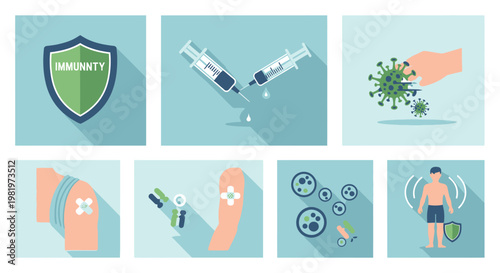 Medical illustration of immunity and vaccination process in flat design
