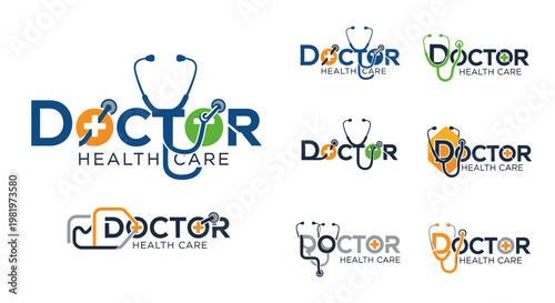 Medical logos with stethoscope and cross symbols for healthcare branding