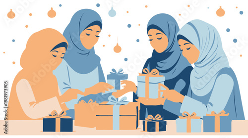 Muslim women in hijabs exchanging gifts during festive celebration