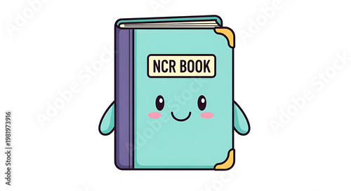 Isolated cartoon ncr book character with smiling face and blush cheeks, simple pixel art, cute stationery icon