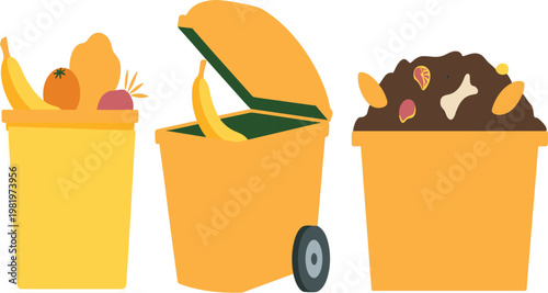 Organic waste recycling concept, yellow compost bins with food scraps and banana peel vector illustration